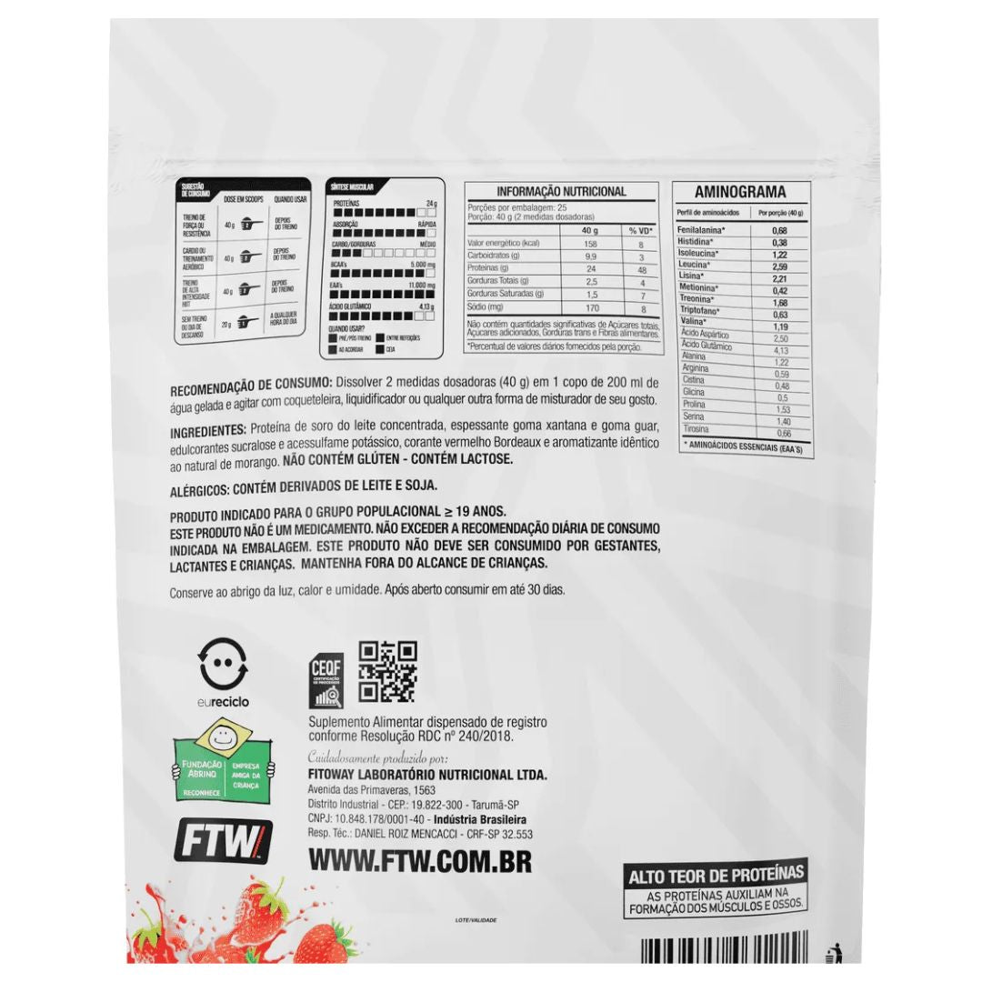 100% Whey Protein Morango Milk Shake 1kg Refil - FTW