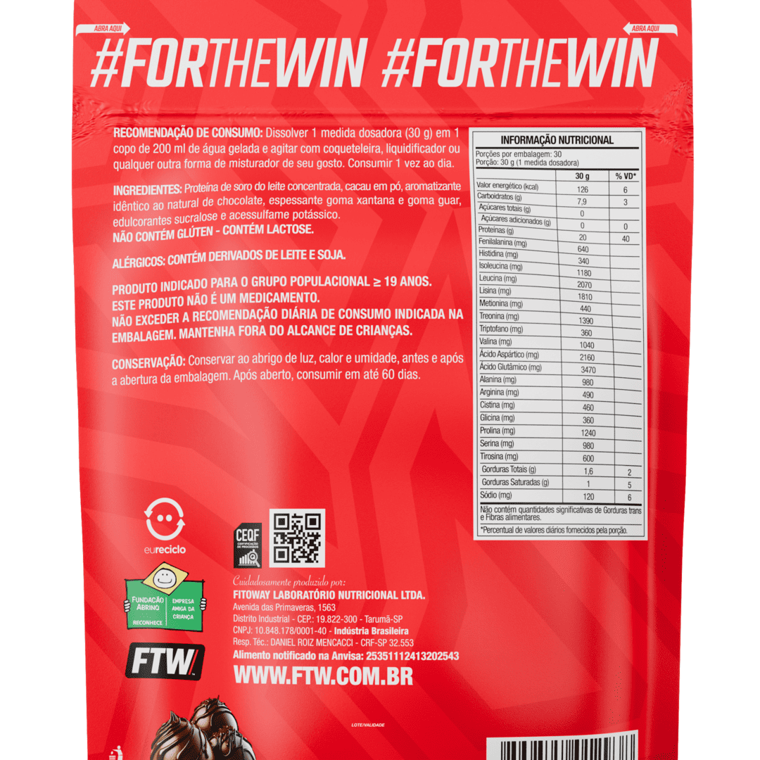 100% Whey Protein Concentrado Chocolate Refil 900g - FTW
