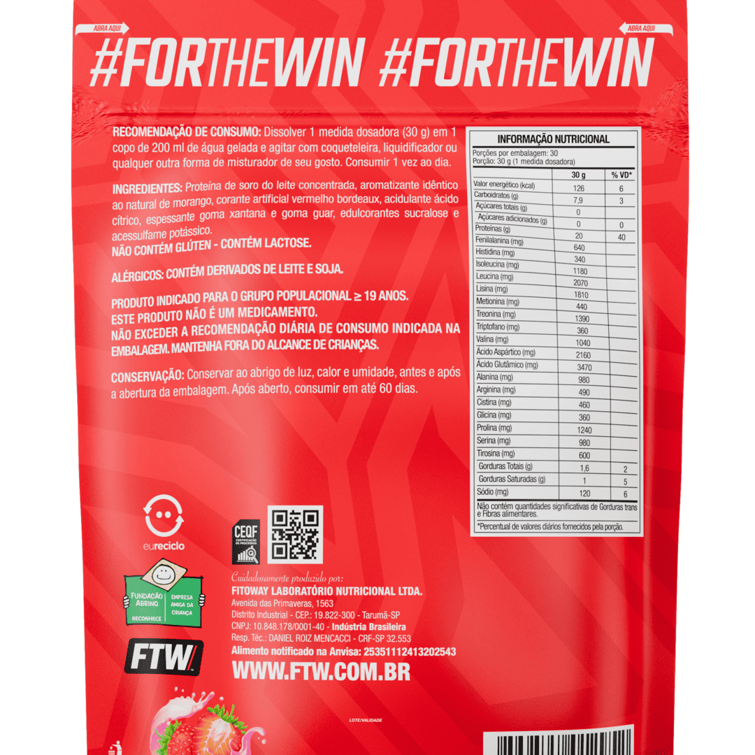 100% Whey Protein Concentrado Morango Refil 900g - FTW