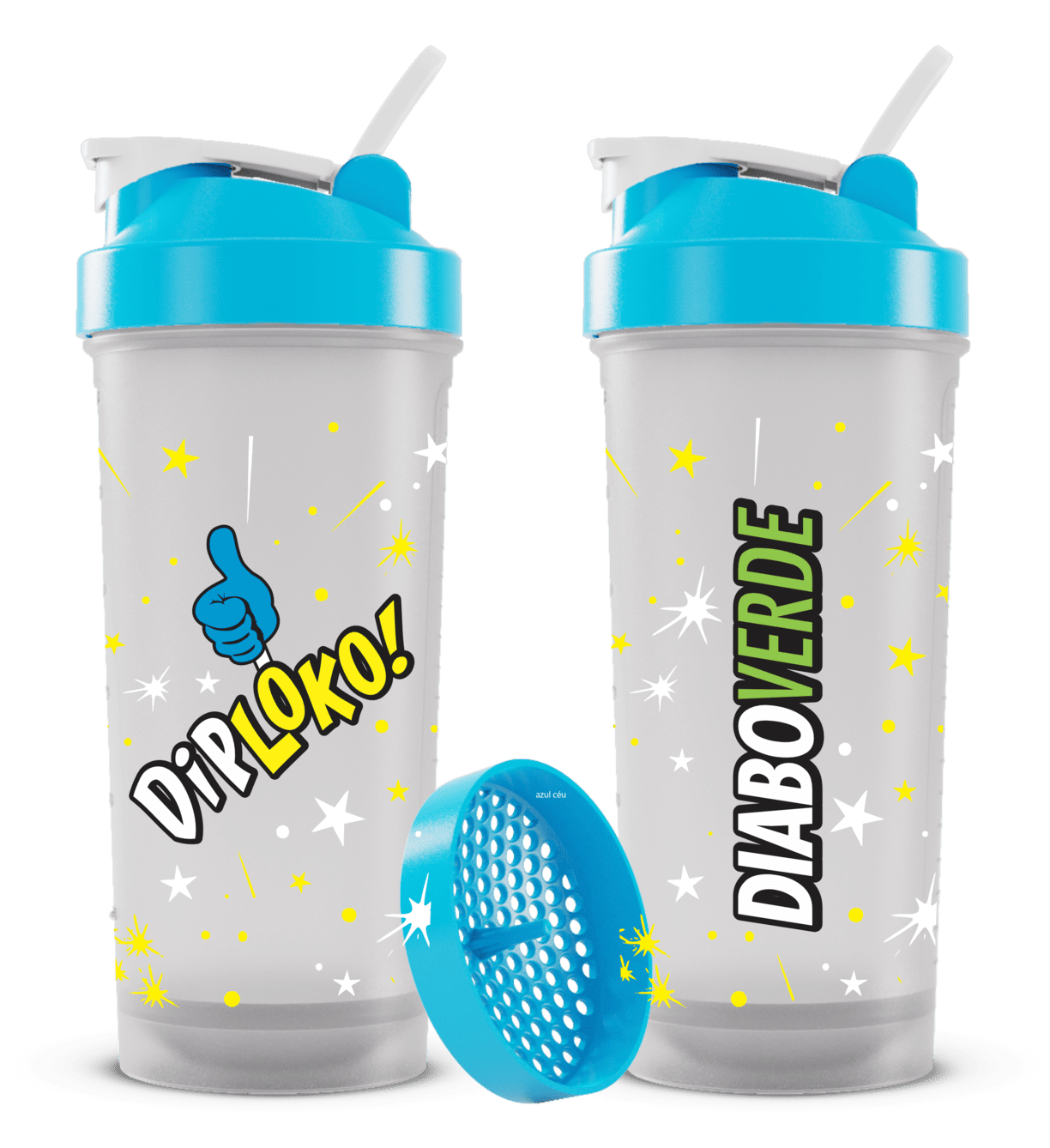 Coqueteleira Dip Loko! Transparente Tampa Azul 600ml - Diabo Verde