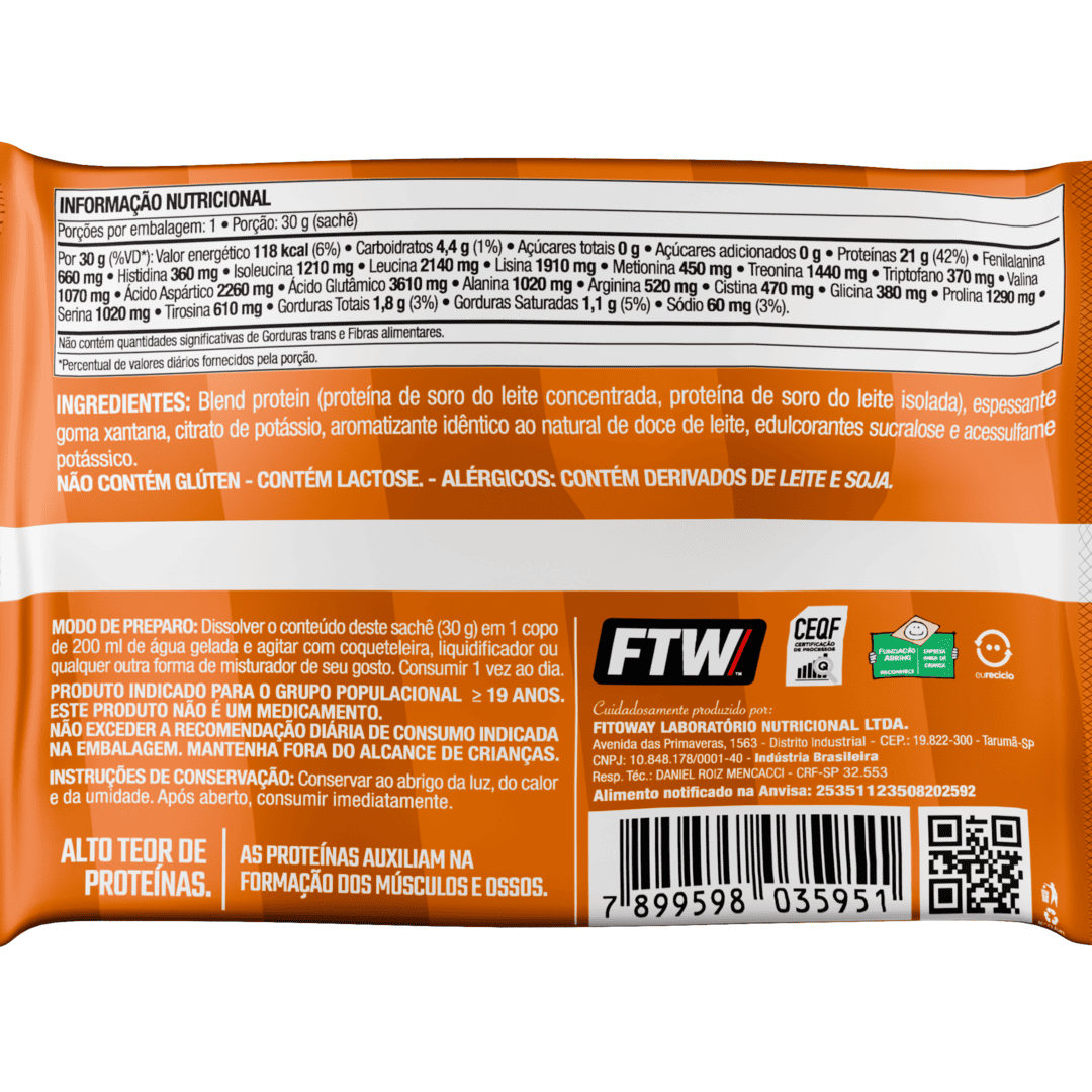Whey Protein Delicious Sachê Sabor Doce de Leite Argentino 30g - FTW