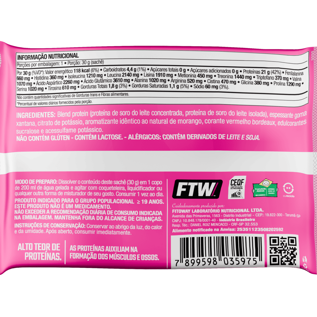 Whey Protein Delicious Sachê Sabor Morango Milkshake 30g - FTW