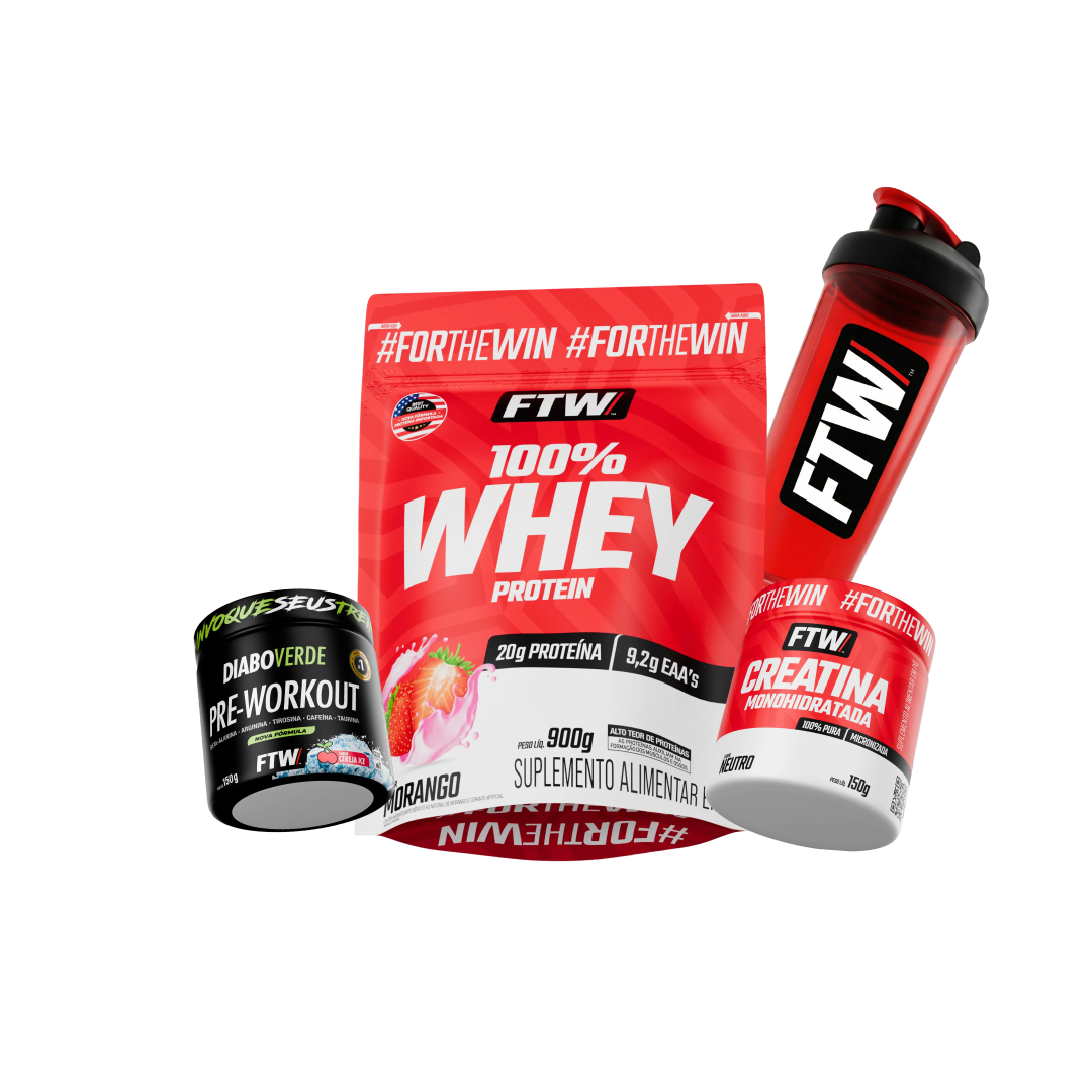 Combo 100% Whey 900g + Creatina 150g + Pré-Treino Diabo Verde 150g FTW
