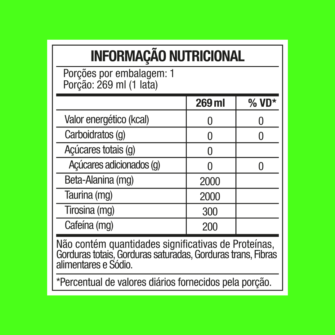 Tabela nutricional Energético Pré-Treino Diabo Verde Maçã Verde Lata 269ml