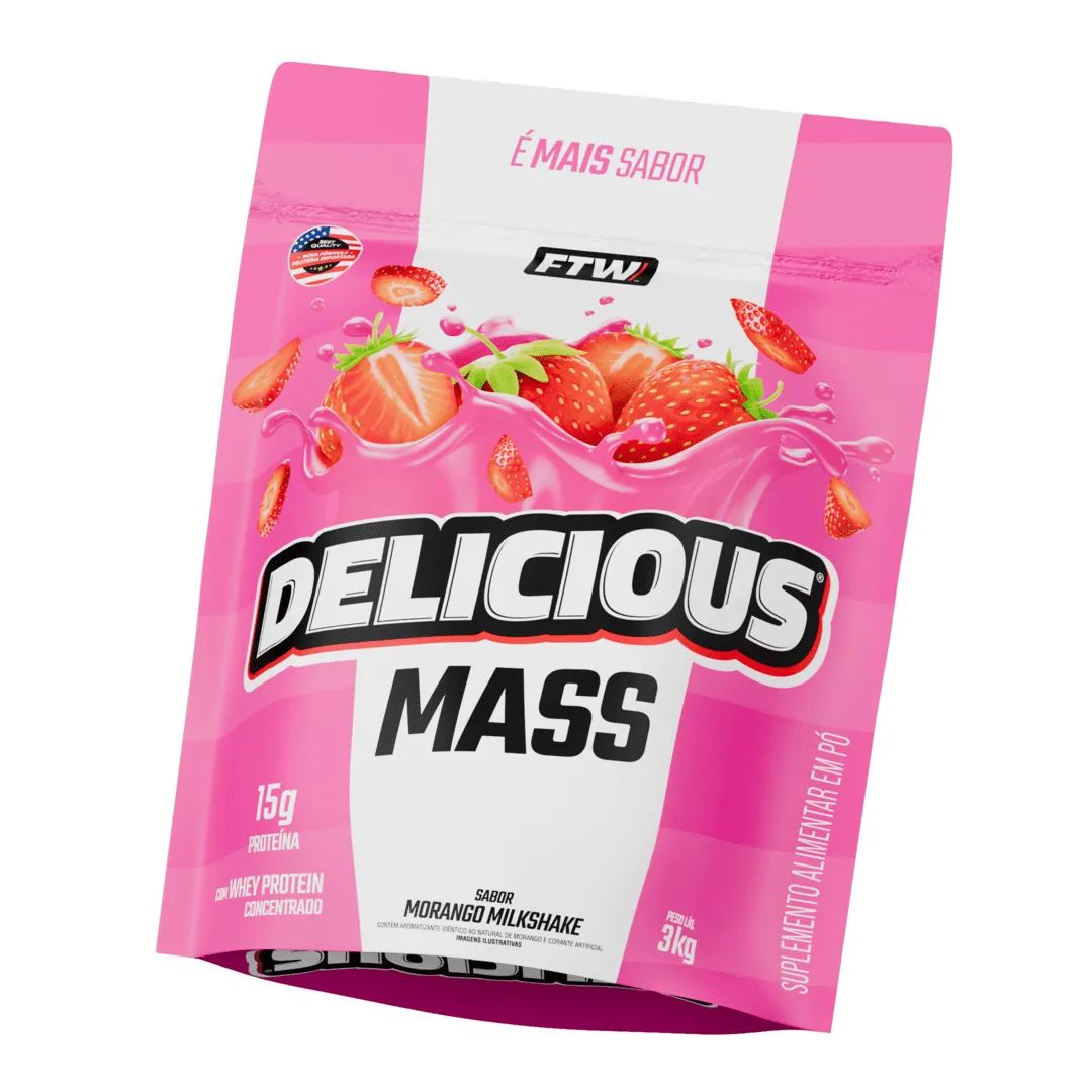 Hipercalórico Delicious MASS Morango Milk Shake 3kg - FTW